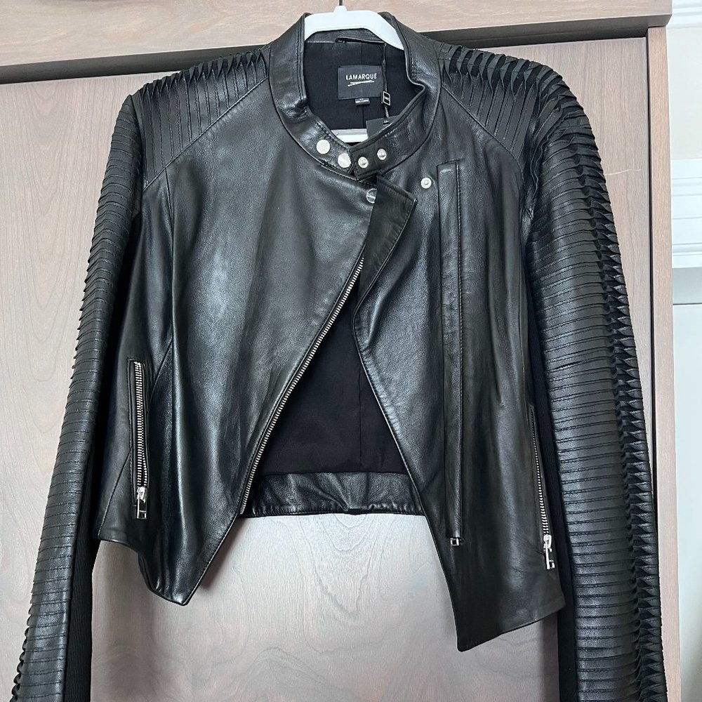 Lamarque Azra Leather Moto Signature Jacket Women's Black Sleeve Detail XL $595